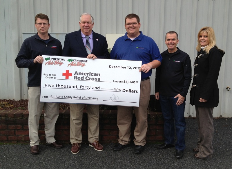 Shown (l-r) at the presentation of a $5040 check to the Red Cross are Brian Grimm, Preston/Cambridge Autobody; John Culp, community executive for the Lower Shore Chapter of the American Red Cross; David Wilson, Jr.; Dave Wilson, Sr.; and Diana Vincent of the Preston Automotive Group. SOURCE SUBMITTED